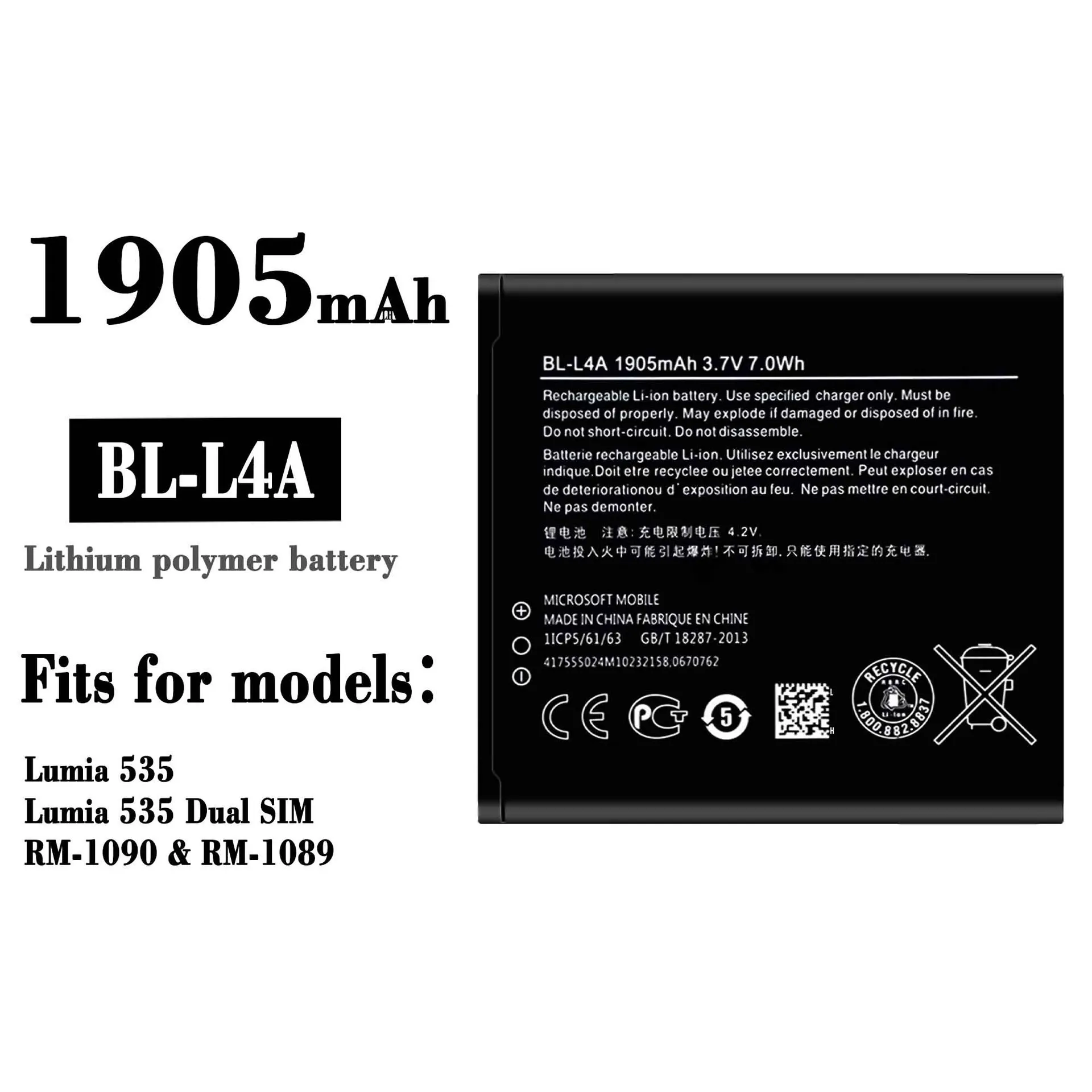 

100% Orginal High Quality Replacement Battery For Nokia 535 1090 1089 535DUAL BL-L4A Mobile Phone Large Capacity New Batteries