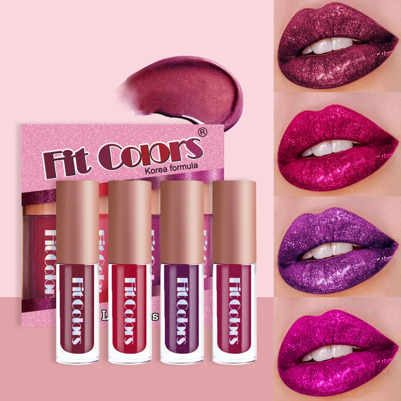 

4 pcs 1 Set Lithe Sexy Metal Glitter Lip glaze Shimmer Pearl Lip gloss nature Long lasting Nonstick cup Lip makeup Lady cosmetic