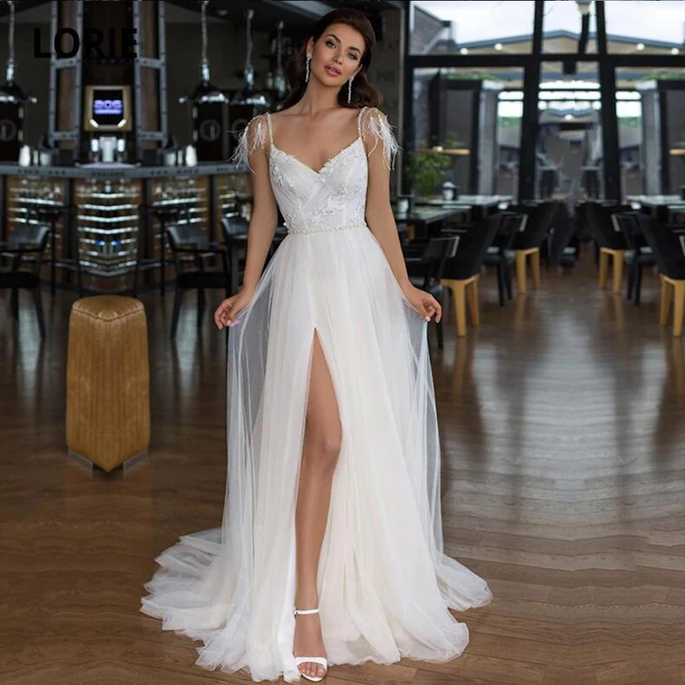 

Elegant Wedding Dress V-Neck Sleeveless Spaghetti Straps Backless Bride Gown Lace Applique Side Split A-Line Vestido De Noiva