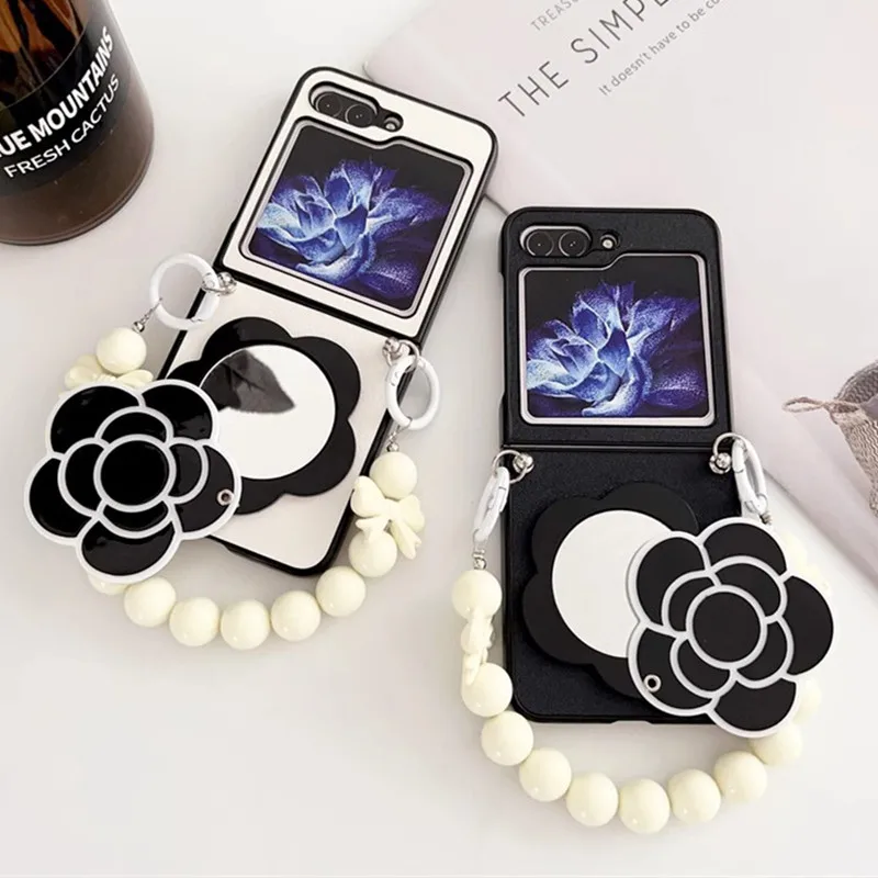 Черный зеркальный чехол для макияжа с цветком камелии Samsung Galaxy Z Flip 6 Flip5 4 3