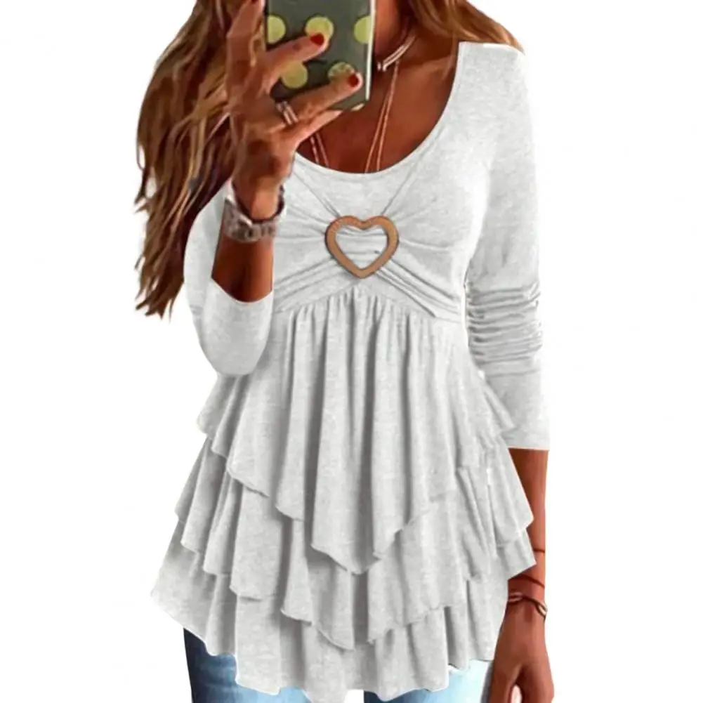 

Blouse Shirts Women Scoop Neck Long Sleeves Heart Ring Solid Color Sweet Layered Cake Hem Pullover Top Ladies Blouses Blusas