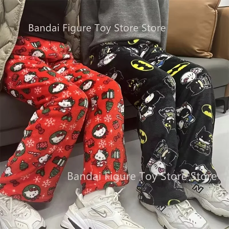 Sanrio Hellokitty Batman Pajama Autumn Pants Y2k Cartoon Hip Hop Ladies Warm Casual Plush Xmas Style Flannel Cute Clothing