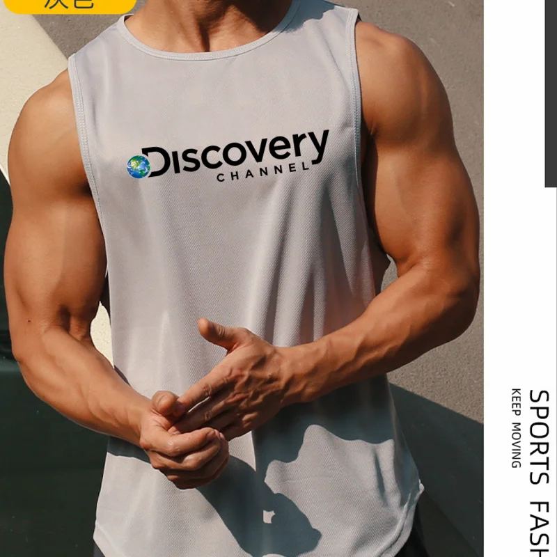 

Mesh Fashion Clothing Sleeveless Shirts Tank Top Discovery Channel Men Bodybuilding Workout Gym Vest Fitness Men's Sport Singlet