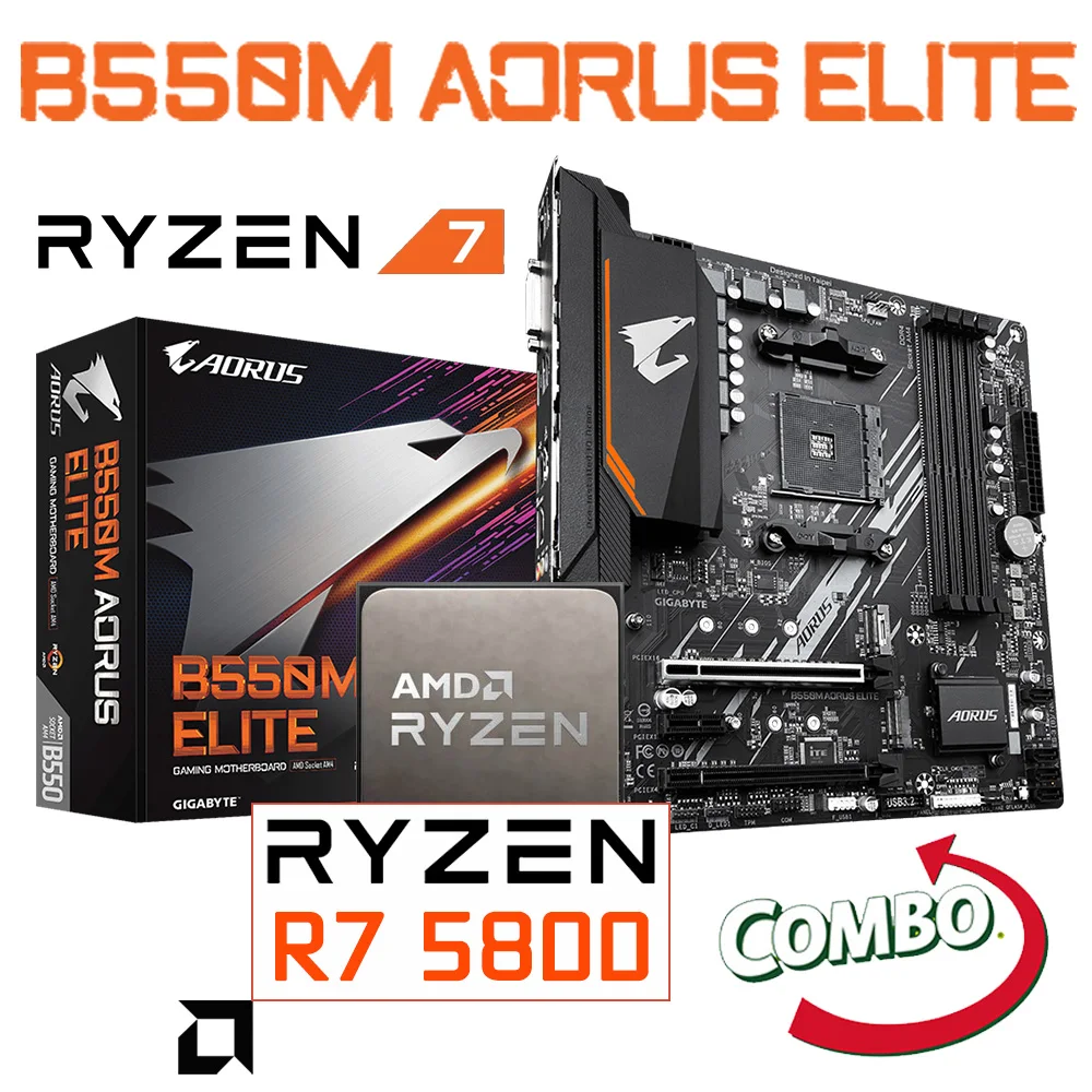

B550M AORUS ELITE AMD B550 AM4 материнская плата Combo DDR4 Ryzen Kit R7 5800 ЦП 128 ГБ AMD Ryzen 7 5800 комплект процессора PCI-E 4,0 M.2