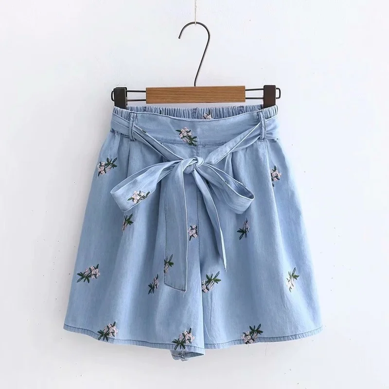 Summer Women Elastic High Waist Floral Embroidery Blue Short Jeans with Pockets Female Korean Style Lace Up Denim Shorts Casual