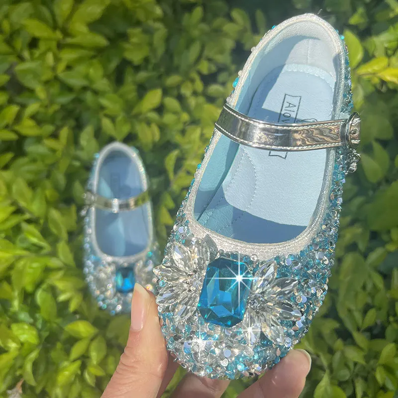

High Quality Girls Shoes 2023 Summer Rhinestones Janes Soft Princess Children Shoes for Party Wedding Aisha Blue Flat Shoes
