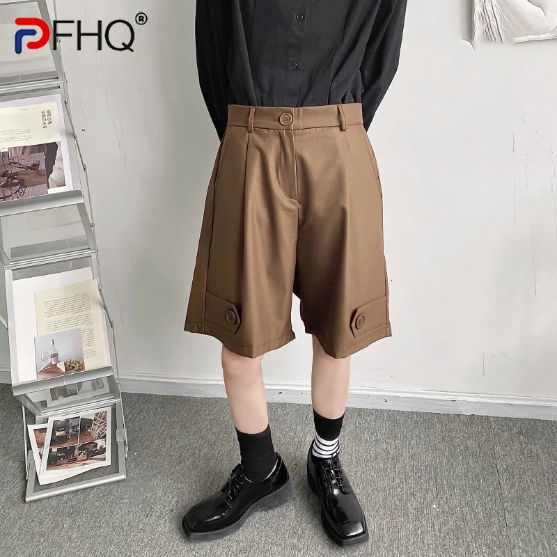 

PFHQ 2023 Straight Causal Suit Shorts Men's Bottom Button Patchwork Solid Color Trumpet Summer Casual Knee Length Pants Elegant