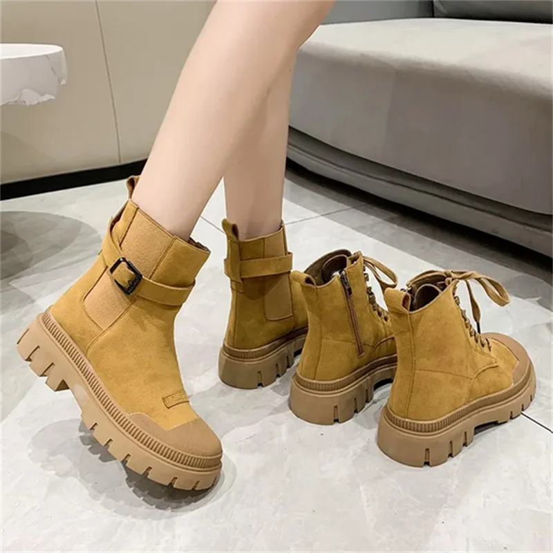 British Style Women's Shoes Vintage Women's Chelsea Boots Split Leather Mid-Calf Boots Thick Heels Round Toe Slip-on