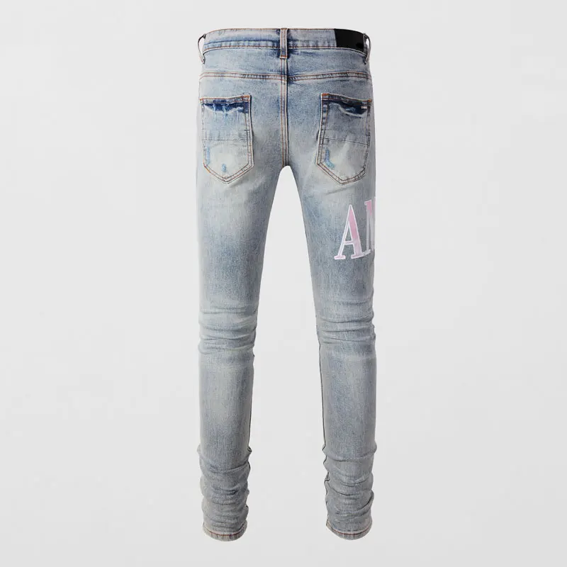 Street Fashion Men Jeans Retro Light Blue Elastic Stretch Skinny Fit Ripped Jeans Men Pink Patched Designer Hip Hop Brand Pants