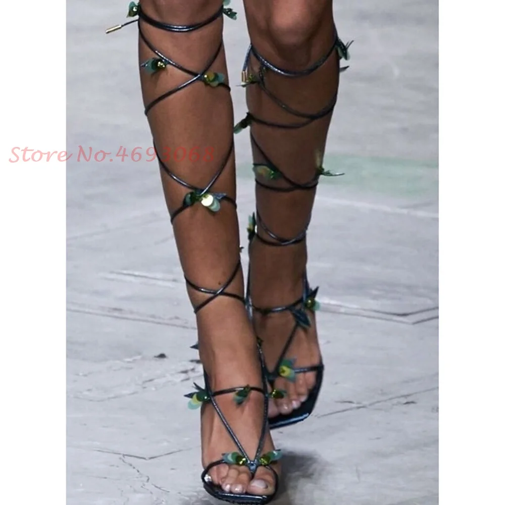 

Сандалии женские до колена с перекрестной шнуровкой, пикантные босоножки с зелеными листьями, элегантная сказочная повседневная обувь для вечеринки, лето