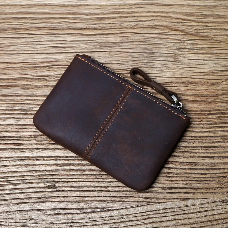 2023 Retro Crazy Horse Leather Men Small Wallet Handmade Zipper Drivers license Ultra Thin Keys Coins Cards Holders Slim Pouches