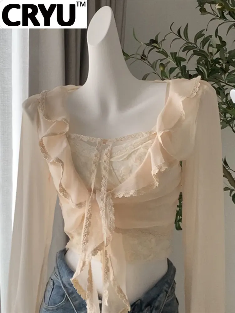 

Women Vintage Lace Patchwork Design 2 Pieces Outfit Thin Sleeve Flare Ruffle Tie Up Chic Crop Shirt+Slim Zipper Suspender Vest
