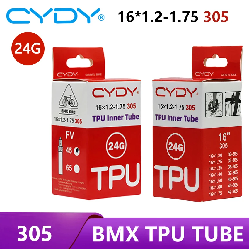 Фото Ультралегкая велосипедная камера CYDY 35G из TPU, 16 дюймов, клапан Prseta: 45 мм, подходит для шин 16 305 16x1.95-2.5. №3