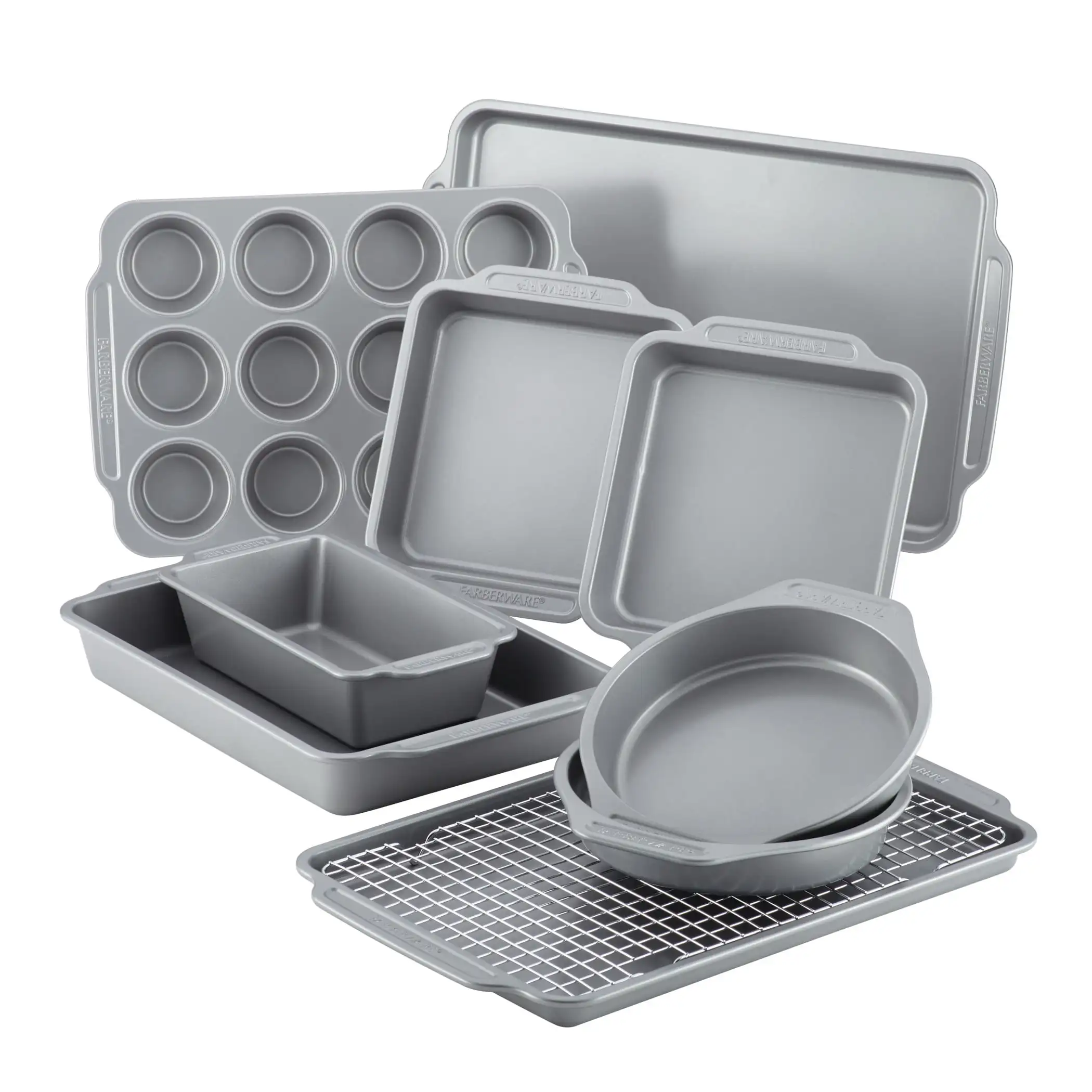 

10-Piece Nonstick Bakeware Set with Cooling Rack, Grey