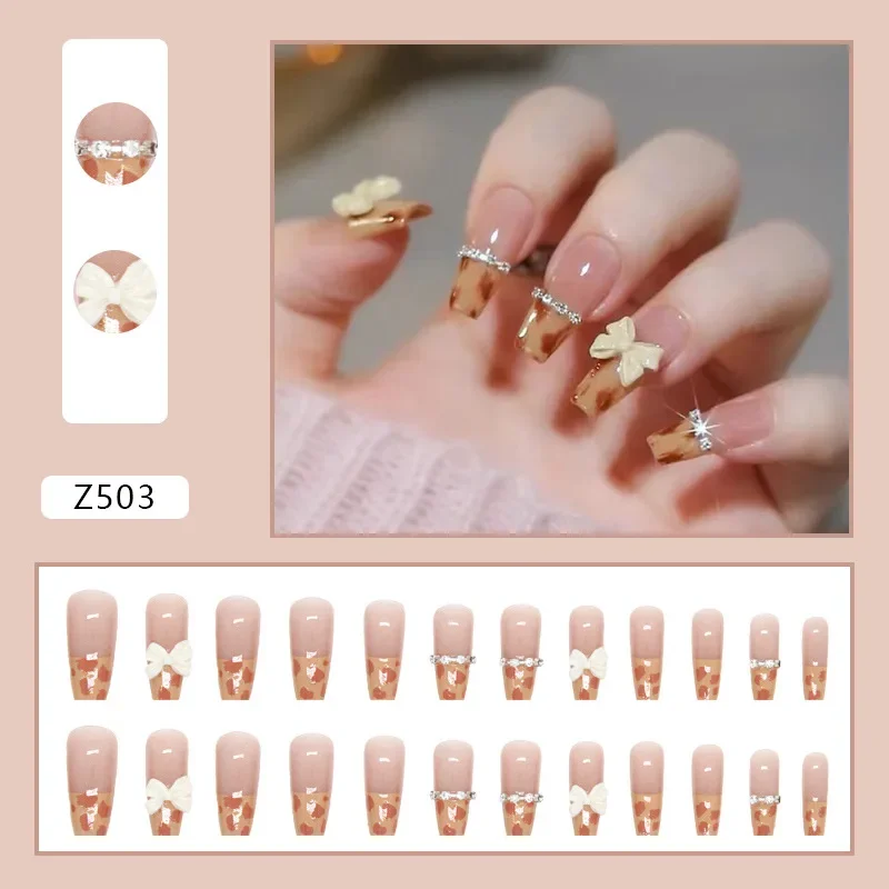 24Pcs/Set Toffee Cream Leopard Fake Nails French Bow Design Removable Wearing False Handmade Acrylic Press on Nail Tips