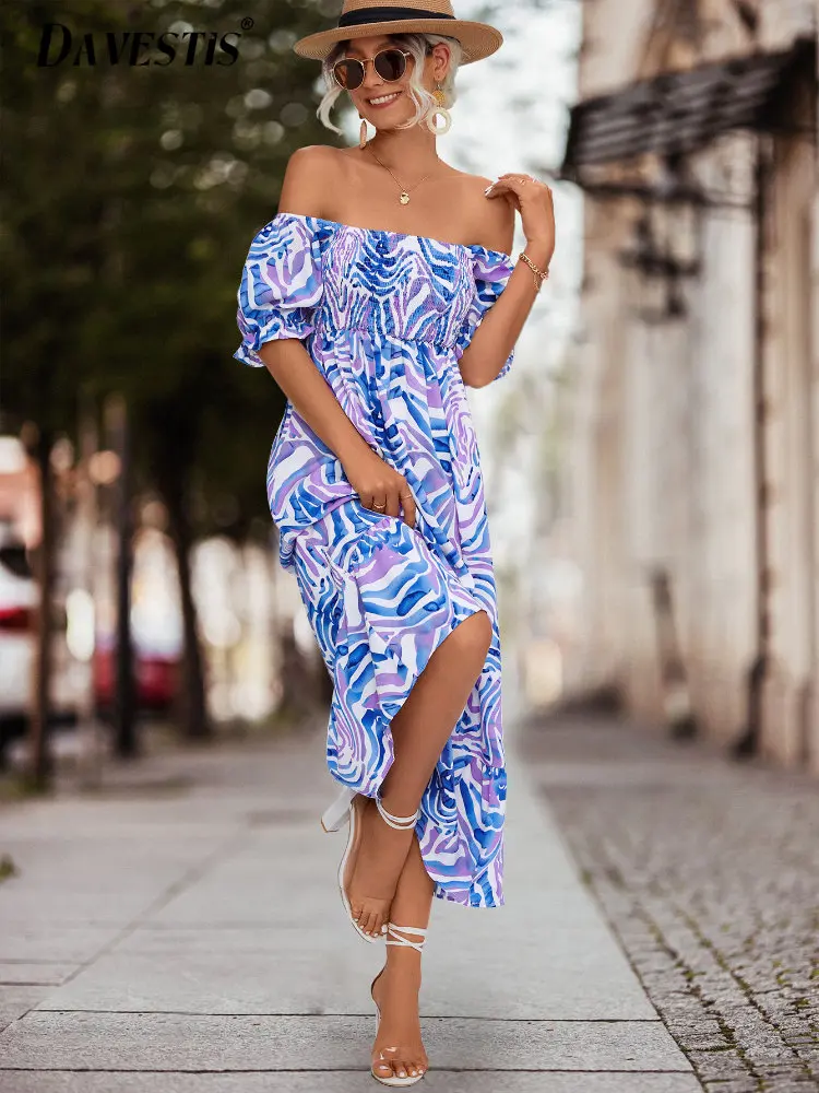 

Women Holiday Style One-neck Off-the-shoulder Dress 2023 Summer Fashion Print Dresses for Women's Loose Slim Casual Midi Dress