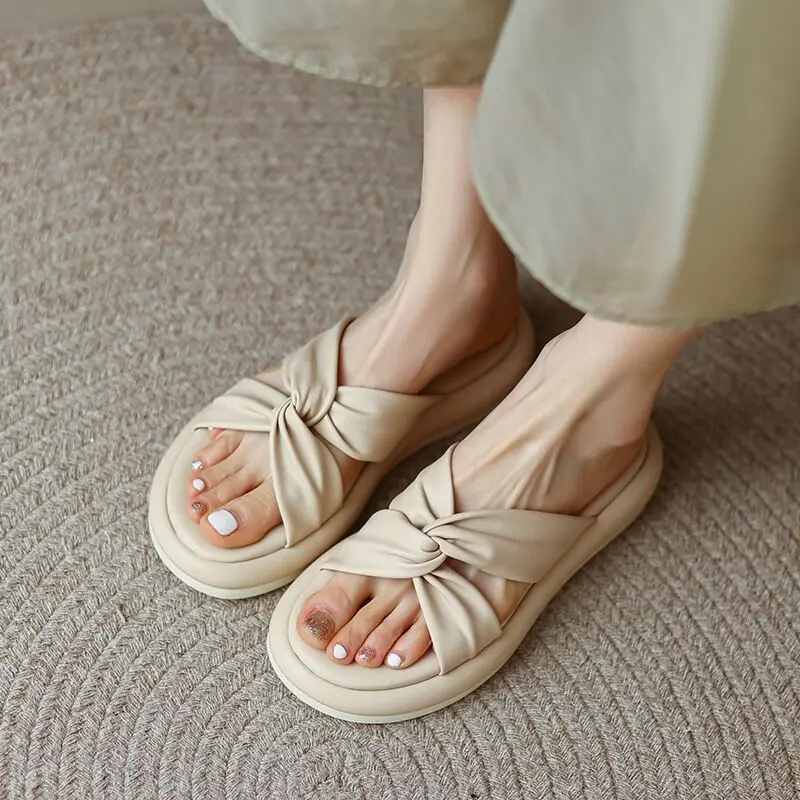 JIANBUDAN Casual Flat Slippers Women PU Leather Platform Slides Lady Outdoor Fashion Slippers Summer Shoes sandals