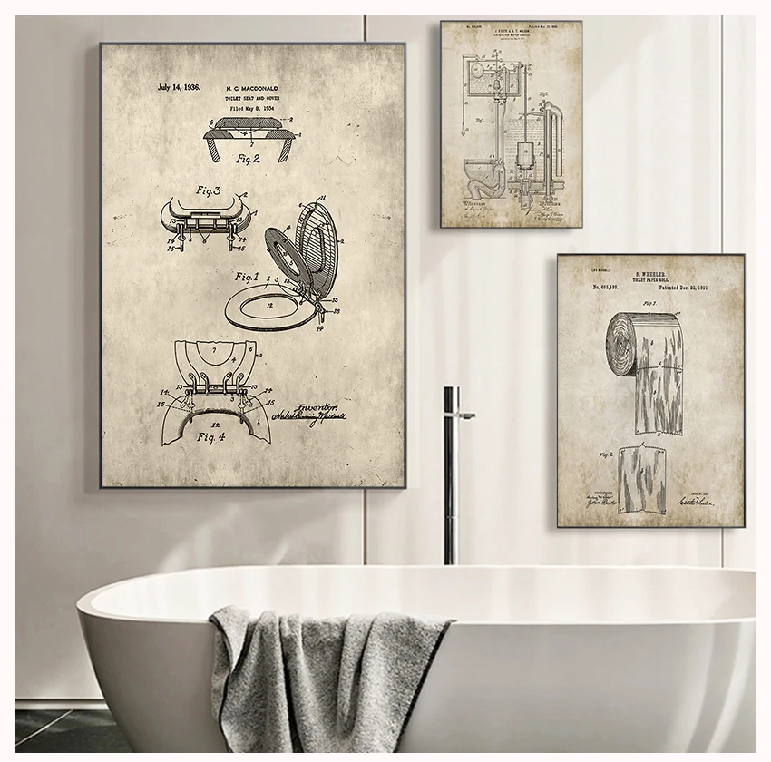 

Design,Loo Canvas Painting Blueprints Home Wall Art Decor Bathroom Patent Vintage s Prints ,Toilet Roll,Cistern,Lavatory