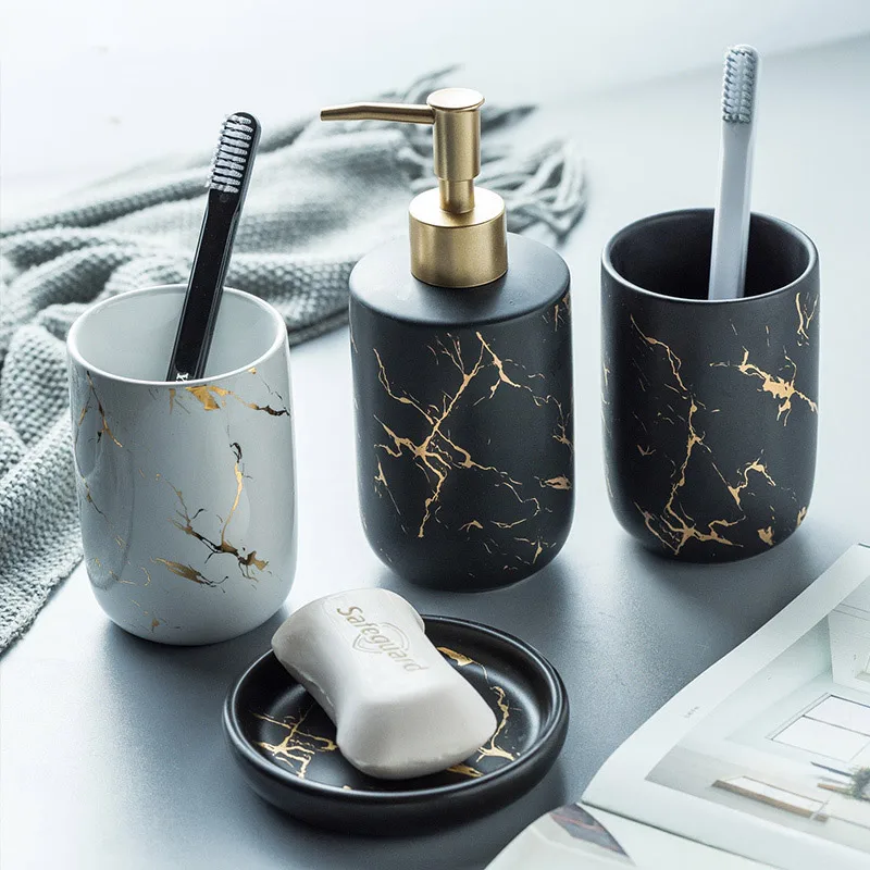 

Nordic marble pattern ceramic bathroom accessories set porcelain lotion toothbrush cup soap dish holder set bathroom supplies