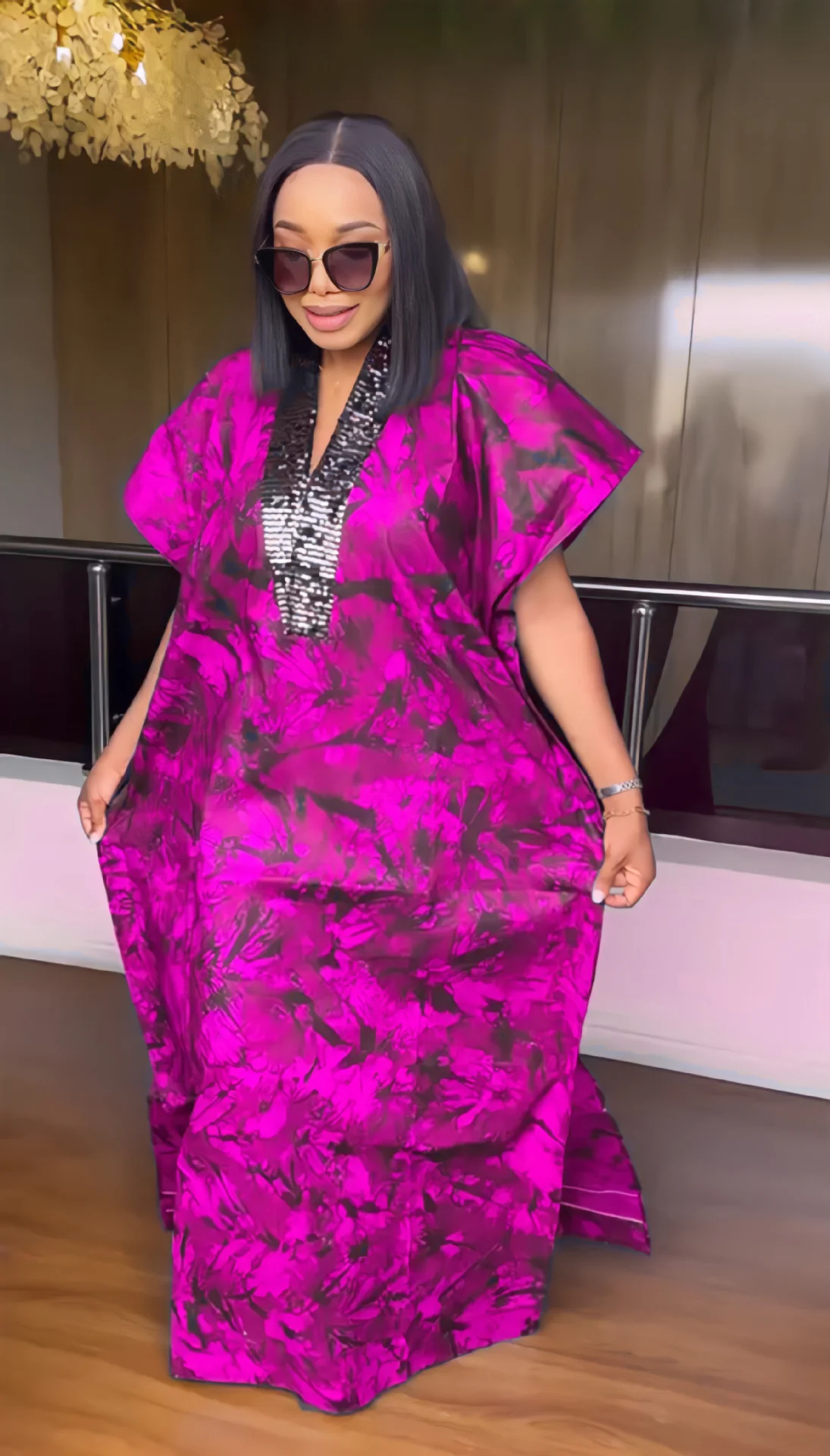 Women's Dress 2023 New Fashion Loose Sequin V-neck Printed Loose Fitting Robe With Headcard Ethical Style Robe Plus Size Dress