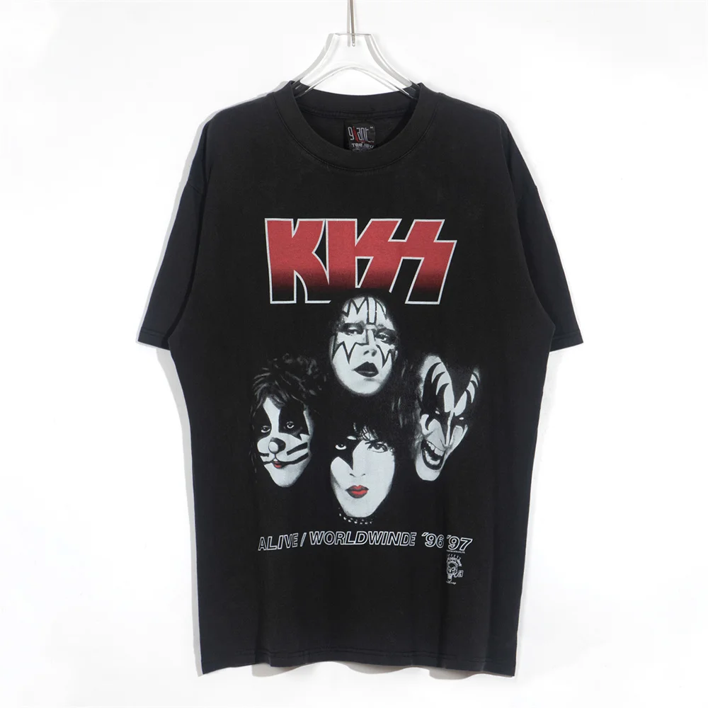 Фото Уличная винтажная мода CZTOP, портрет рок-группы Kiss с принтом розы в стиле High-Street, большой размер, ретро, с коротким рукавом, потертая пара №5