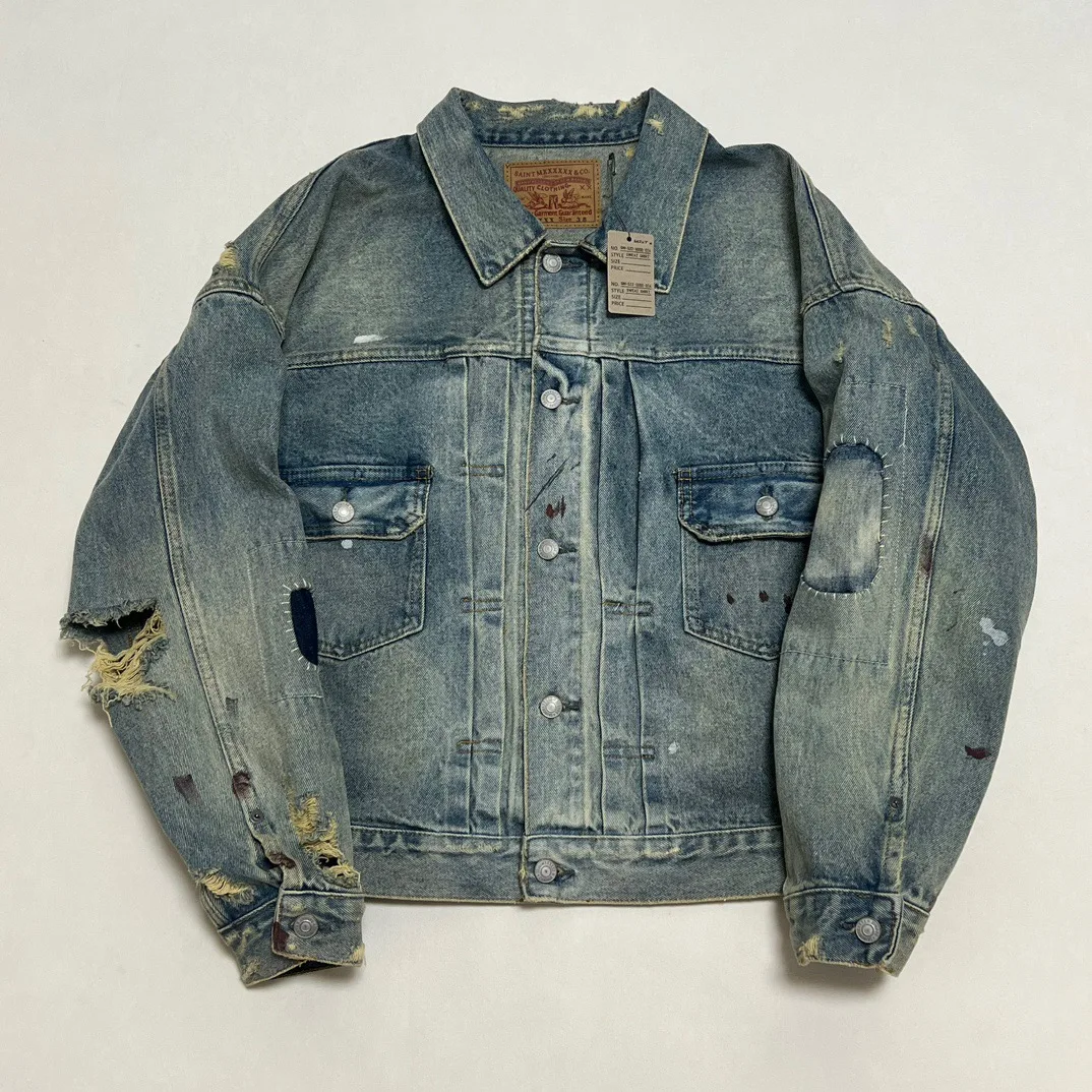 2024aw Высокое качество Saint Mxxxxxxx Промытая винтажная рваная куртка для мужчин