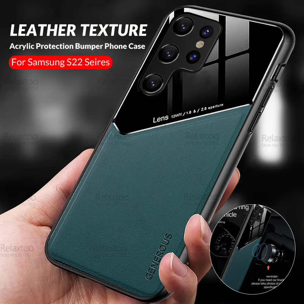 For Samsung Galaxy S22 Ultra Case Leather Car Magnetic Holder Phone Cover Samung S22Ultra S 22 Plus 5G Silicone Shockproof Coque