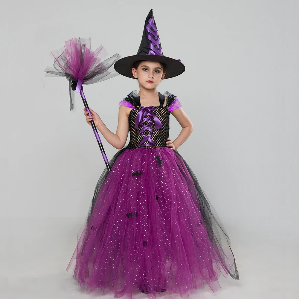 

Fairytale Sparkly Bat Witch Halloween Costume Girls Vampire Tutu Dress with Broom Hat Kids Role Play Cosplay Party Fancy Dress