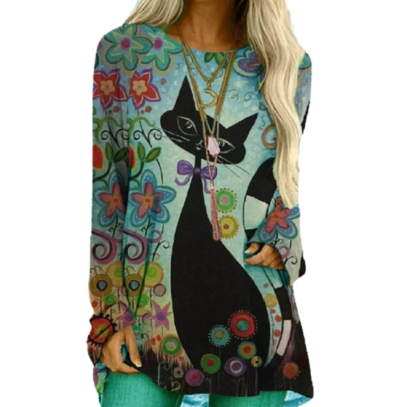 

Cartoon Cats On The Tree Print T Shirt Long Sleeve Women Tops Plus Size Casual T-shirts 2XL 3XL Round Beck Loose Shirts Femme
