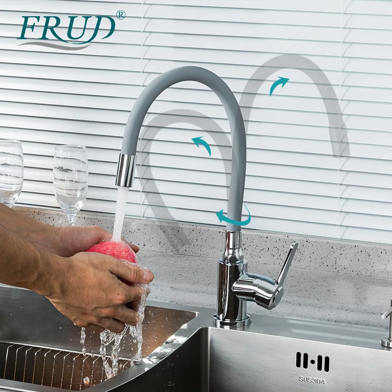 

FRUD Stainless Steel Kitchen Faucet With Grey Flexible Silicone Hose Deck Mounted Single Handle Faucet Hot&Cold Water Mixer Tap