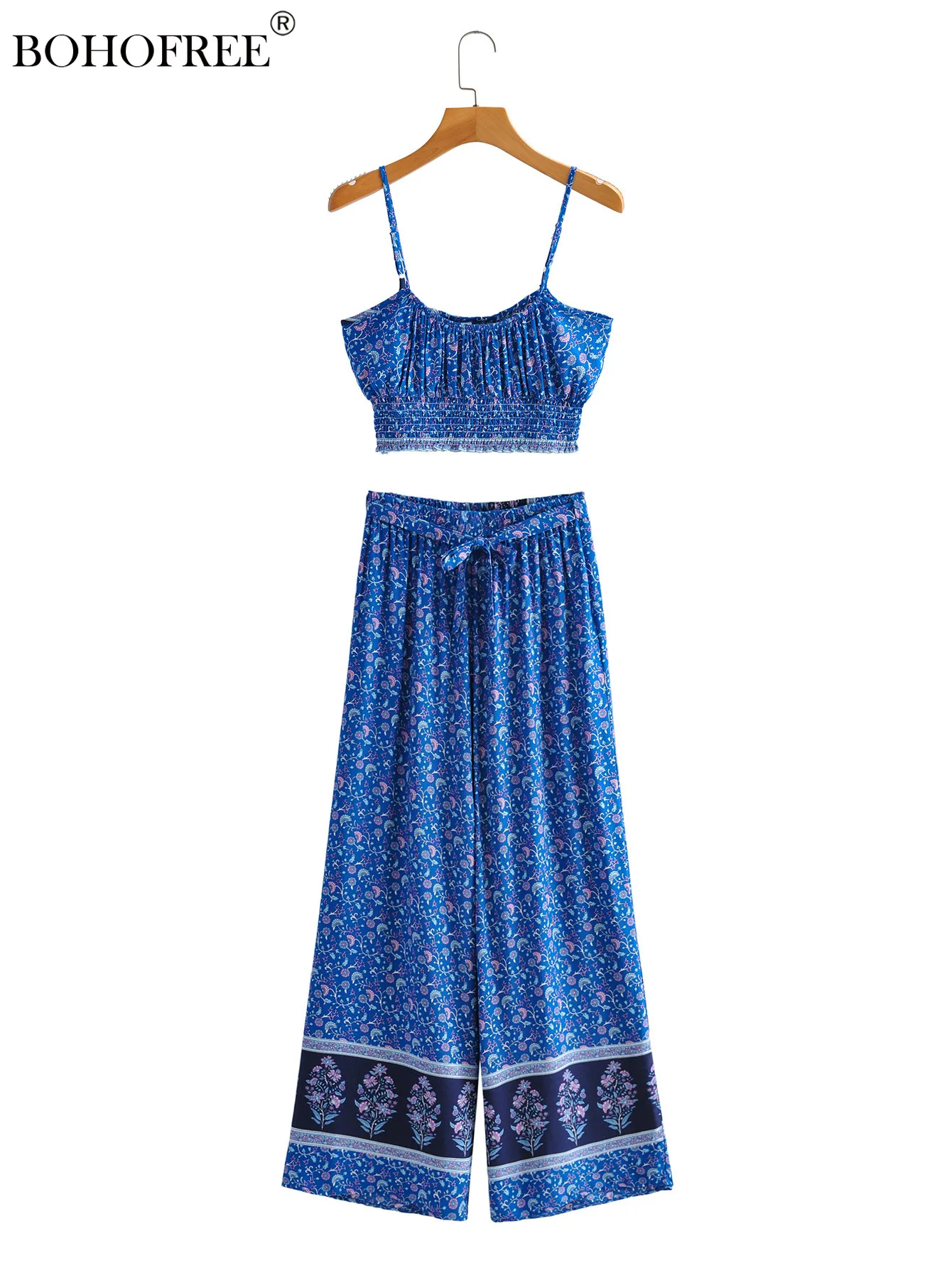 

Boho Vintage Floral Print Vest + Long Pants Casual Sashes Women Romper Jumpsuit Holiday Beach Setwear