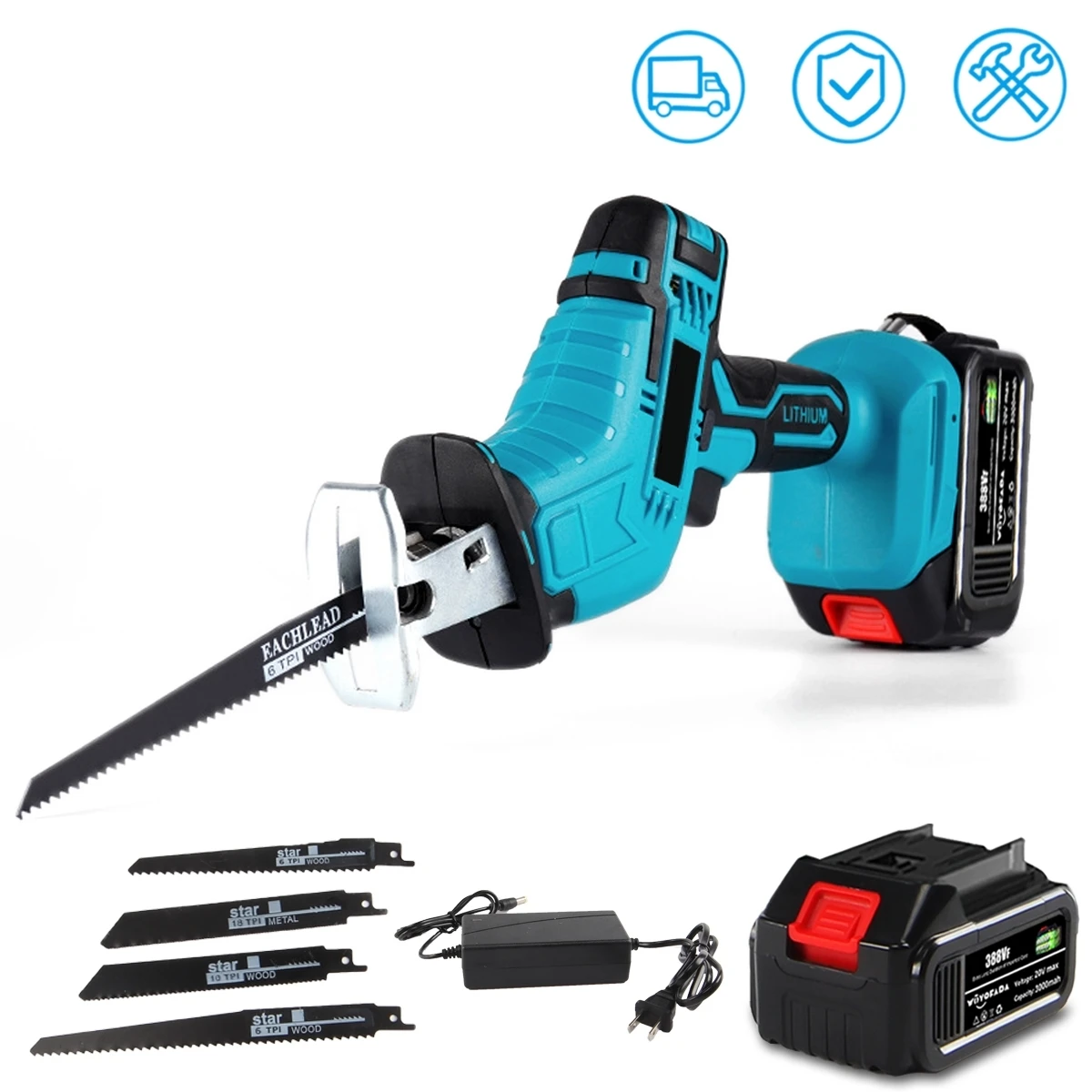 18V Cordless Reciprocating Saw Handsaw Saber Multifunction Saw for Metal Wood Pipe Cutting with 4 Blades Kit For Makita Battery