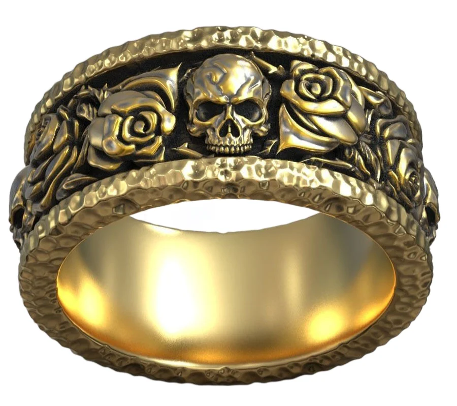 

16g, хип-хоп, кованые розы, Череп, рисунок, молотковое золото, кольцо из серебра 925 пробы