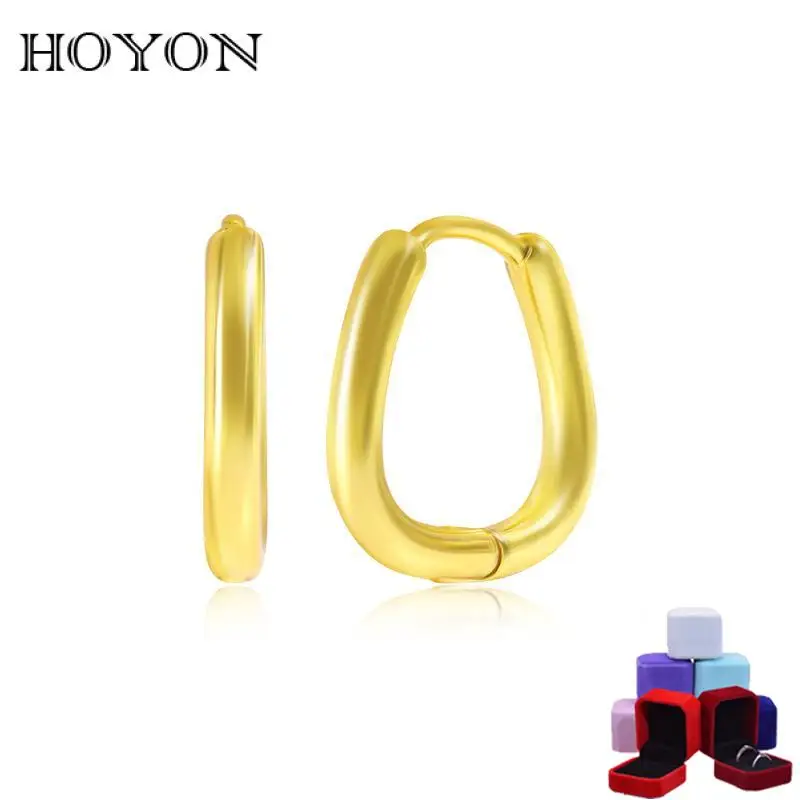 HOYON New Ins Modern Hoop Earrings for Women Simple 18K Gold Gilded Oval Plain Ring Ear Buckle Brass Office Jewelry for Party