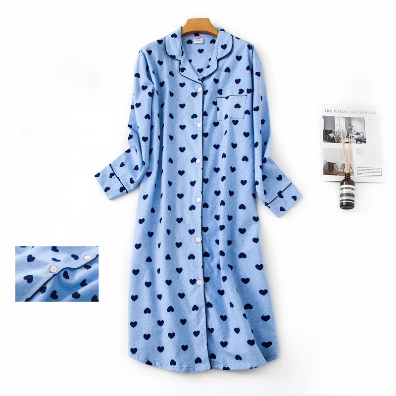 Ladies Cotton Nightgown Women Nightdress Long-sleeved Plaid Print Female Sleepwear Nightshirt Button UP Nightie