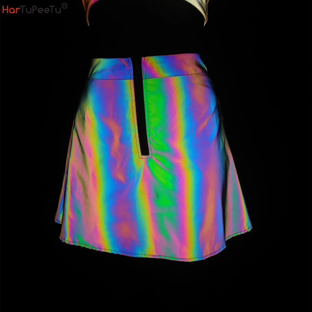 Women Sexy Shiny Colorful Reflective Nightclub Hip Hop Dance Short Skirt Middle Zipper Singer Rave Stage Outfit Show Wear