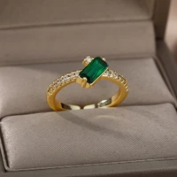 square zircon rings for women men adjustable stainless steel green crystal finger ring luxury couple aesthetic jewelry anillos