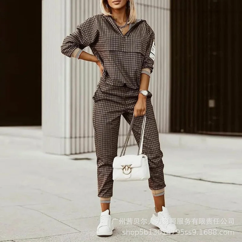 

Women Two-Piece Suit Spring Autumn Plaid Printed Suit Women Long-Sleeved V-neck Hooded Top High Waist Pencil Pants Trousers Suit
