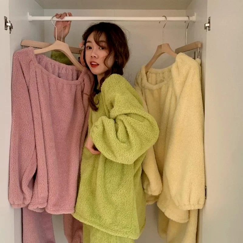 QWEEK Pajamas for Women Solid Color Flannel Home Clothes Pink Yellow Green Pijamas Winter Nightwear Korean Fashion Pyjamas Cute