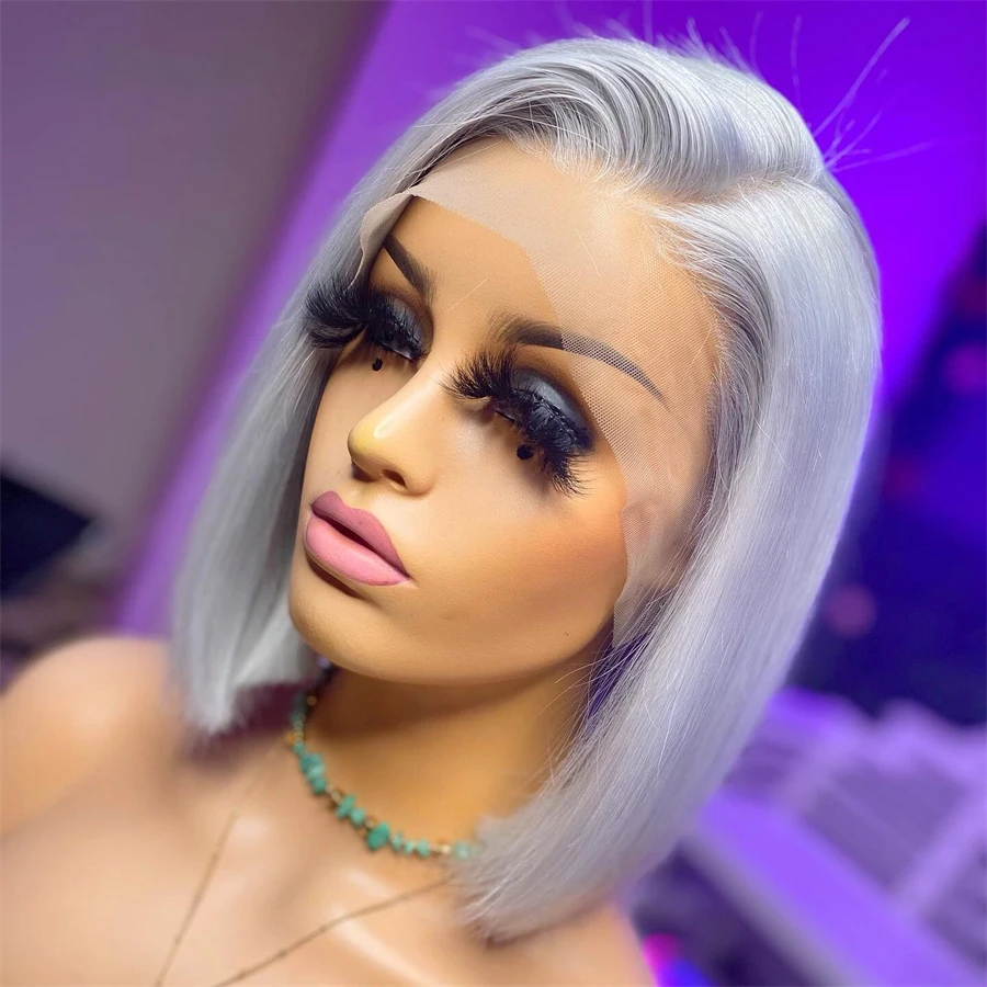 

Soft Middle Part Ash Blonde Gray Preplucked Glueless Short Bob Straight Lace Front Wig For Black Women BabyHair Daily Cosplay