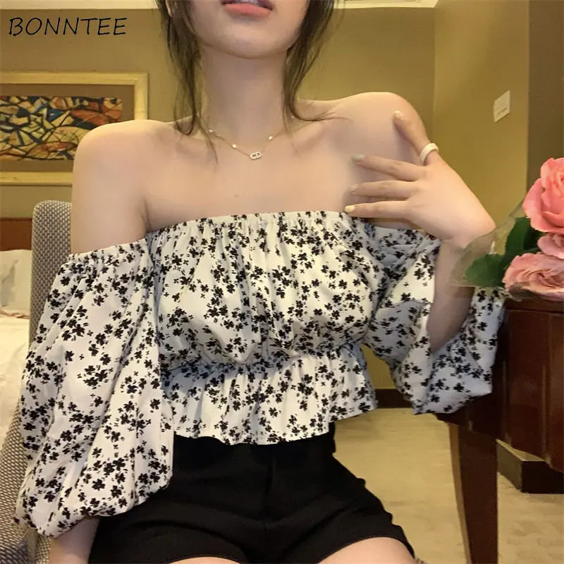 

Slash Neck Blouses Women Slim Sexy French Style Cropped Printed Folds Designed Aesthetic Party Clubwear Popular Chic New Spring