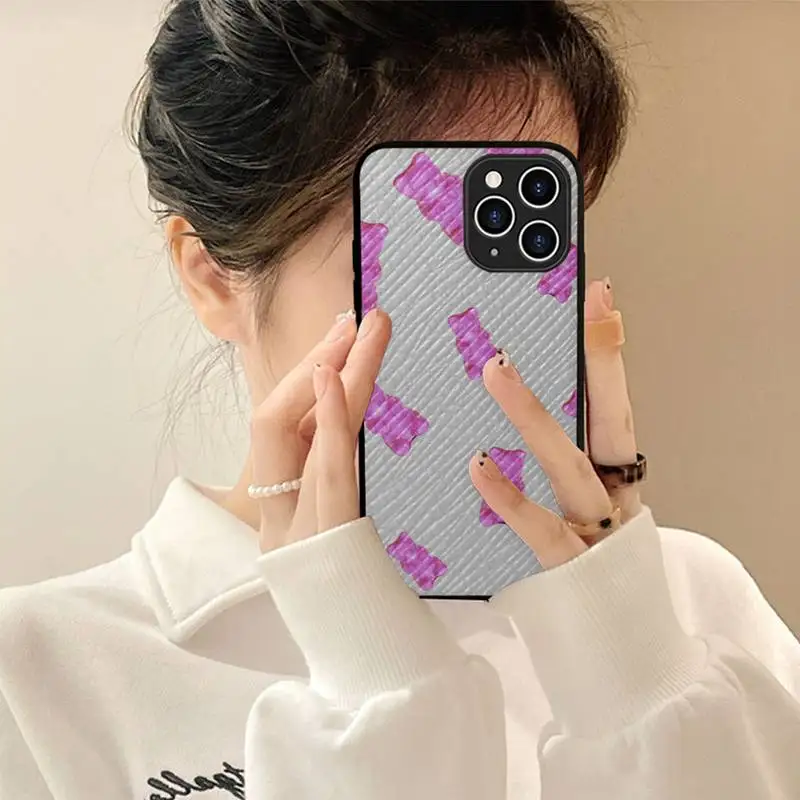 

FHNBLJ Bear Candy Phone Case Hard Leather Case for iPhone 11 12 13 Mini Pro Max 8 7 Plus SE 2020 X XR XS Coque