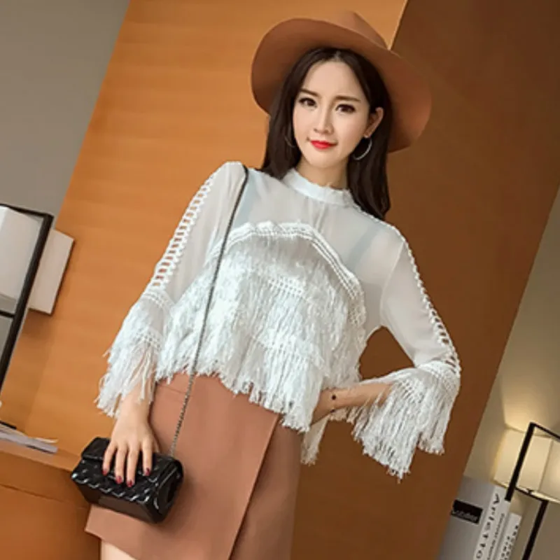

Woman bottoming Fringed chiffon Shirts tassels Blouses Three quarter Flare sleeve spring Slim O-Neck Tassels splicing Tops 2018