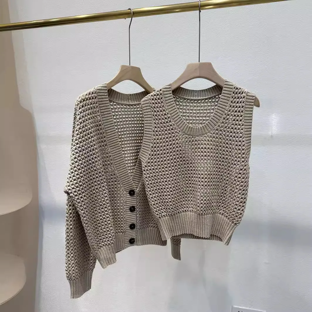 Женский трикотажный кардиган с длинным рукавом и жилет из льна