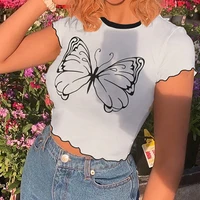 womens t shirt butterfly print crop top sexy tight wave sleeve casual y2k tees graphic clothes korean fashion blouses 2022