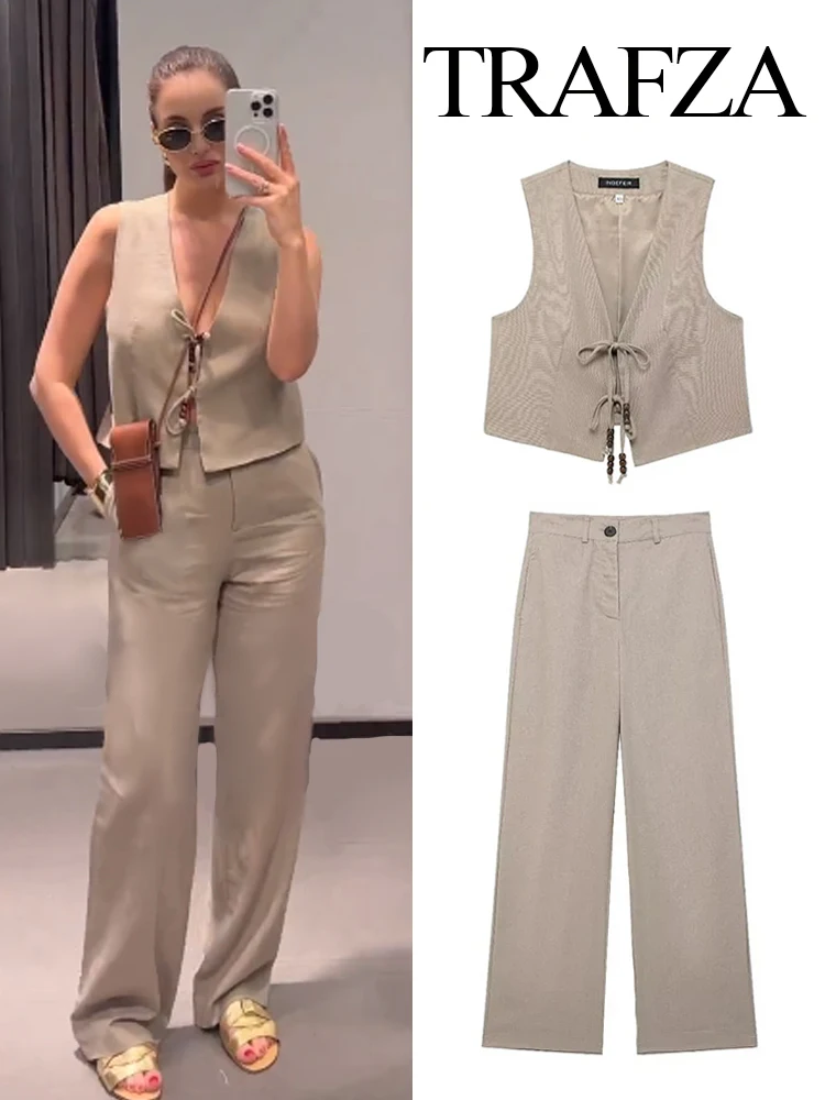 Женский комплект из топа и брюк с V-образным вырезом без рукавов