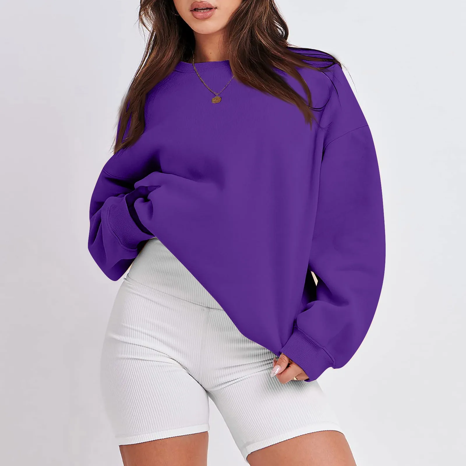 

Женский хлопковый пуловер с круглым вырезом, длинным рукавом и круглым вырезом