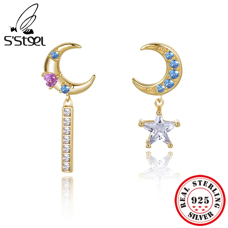 

S'STEEL 925 Sterling Silver Asymmetric Dangle Earrings Zircon Star Moon Luxury Gold Drop Earings For Women Designer Jewelry