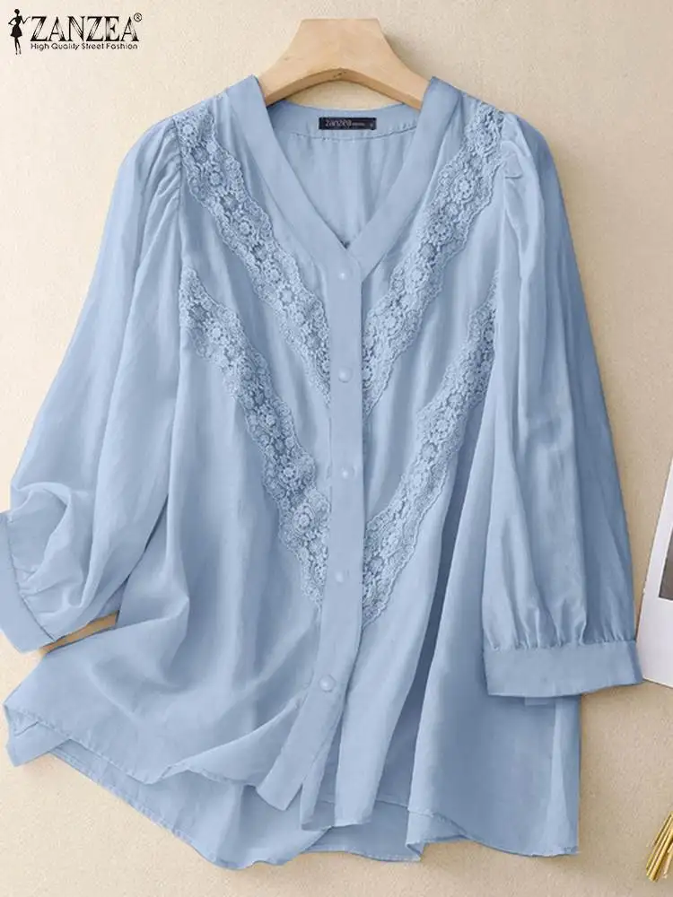 

ZANZEA Casual Solid Button Female Blusas 2023 Autumn Lace Patchwork Shirts Women Long Sleeve Blouse Holiday V-Neck Top Oversized
