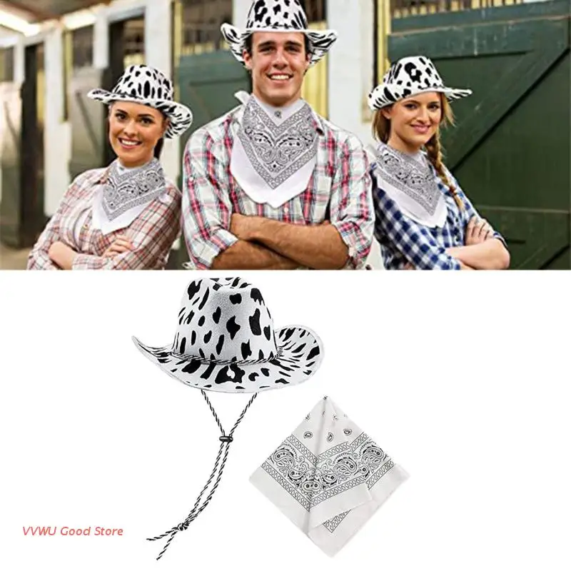 

Ковбойская шляпа в западном стиле с коровьим принтом, регулируемая ковбойская шляпа, бандана для темативечерние